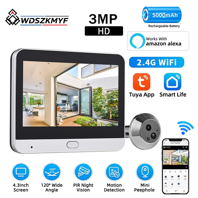 Peephole Camera Viewer - 투야 3MP 스마트 WiFi 디지털 도어피폴